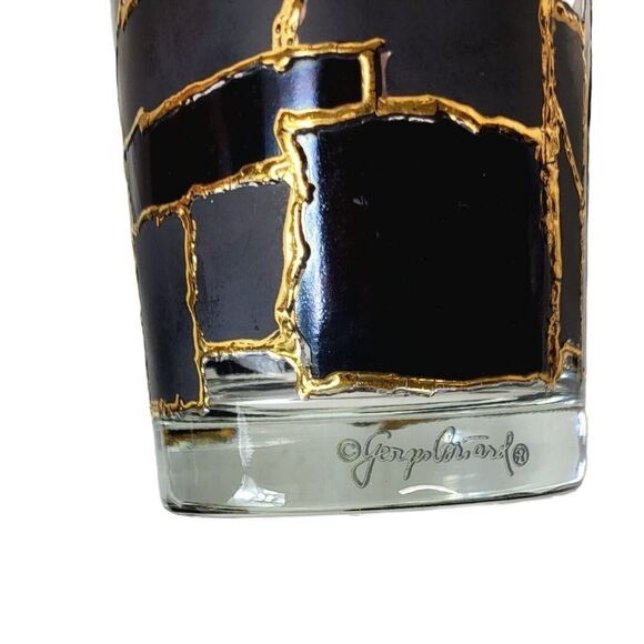 Vintage MCM Georges Briard Black 22 Kt Gold Mosaic Heavy Bottom Rocks Glass 6 Pc - Picture 6 of 11